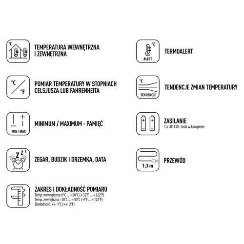 Stacja pogodowa – elektroniczna, sonda, czarna - 2 ['termometr z zegarem', ' termometr wewnętrzny', ' termometr pokojowy', ' termometr zewnętrzny', ' termometr wiszący', ' termometr stojący']