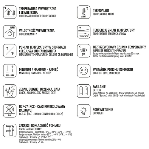 Stacja pogodowa RCC, DCF – elektroniczna, bezprzewodowa, podświetlana czujnik, czarna - 7 ['stacja pogodowa', ' domowa stacja pogodowa', ' temperatura', ' temperatura otoczenia', ' kontrola temperatury', ' termometr elektroniczny', ' termometr z czujnikiem', ' termometr wewnętrzny', ' termometr zewnętrzny', ' termometr na zewnątrz', ' wilgotnościomierz', ' stacja pogodowa']