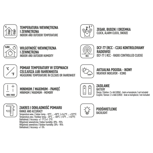 Stacja pogodowa RCC – elektroniczna, bezprzewodowa, podświetlana czujnik, czarna - 11 ['stacja pogodowa', ' domowa stacja pogodowa', ' temperatura', ' temperatura otoczenia', ' kontrola temperatury', ' termometr elektroniczny', ' termometr z czujnikiem', ' termometr wewnętrzny', ' termometr zewnętrzny', ' termometr na zewnątrz', ' stacja pogodowa']