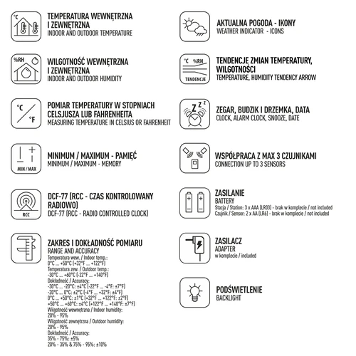 Stacja pogodowa RCC – elektroniczna, podświetlana, bezprzewodowa, 3 czujniki, biała - 8 ['stacja pogody', ' stacja pogodowa', ' termometr', ' higrometr', ' pogodynka', ' bezprzewodowa stacja pogodowa', '']