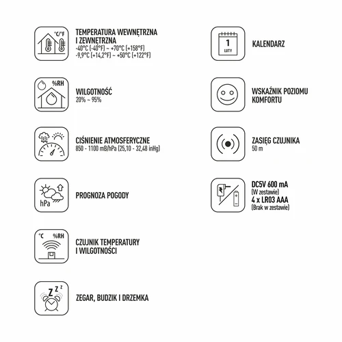 Stacja pogody (RCC,DCF) - elektroniczna, bezprzewodowa, podświetlana, czujnik, biała - 9 ['bezprzewodowa stacja pogody', ' pomiar temperatury zewnętrznej i wewnętrznej', ' pomiar wilgotności', ' stacja pogody z kalendarzem', ' stacja pogody z budzikiem', ' dokładna stacja pogody', ' stacja pogodowa', ' elektroniczna stacja pogody', ' uniwersalna stacja pogodowa', ' idealny miernik pogody']