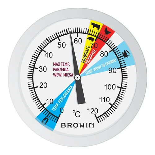 Termometr do szynkowaru 0,8 kg (0°C do +120°C) 9,0cm - 4 ['termometr do szynkowaru', ' do wędlin', ' do mięsa', ' do potraw', ' do parzenia', ' szynkowar 0', '8 kg', ' akcesoria do szynkowaru', ' termometr z kolorową tarczą', ' termometr kuchenny']