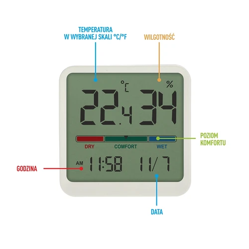 Termometr elektroniczny pokojowy, biały - 7 ['elektroniczny termometr', ' termometr z zegarem i datą', ' termometr z wilgotnościomierzem', ' pomiar wilgotności w pomieszczeniu', ' miernik komfortu', ' termometr ze wskaźnikiem komfortu', ' wielofunkcyjny termometr', ' termometr do wnętrz', ' termometr wewnętrzny', ' termometr bezprzewodowy', ' elektroniczny termometr na ścianę', ' stacja pogody', ' stacja pogodowa']