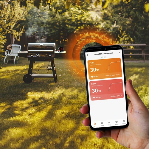 Termometr kuchenny z Bluetooth, 2 sondy - 12 ['termometr kulinarny', ' termometr do żywności', ' do gotowania', ' do wędzenia', ' do pieczenia', ' termometr do mięs', ' termometr do ciast', ' termometr z bluetooth', ' termometr uniwersalny', ' najlepszy termometr kulinarny', ' termometr z sondą', ' termometr z aplikacją', ' pomysł na prezent']
