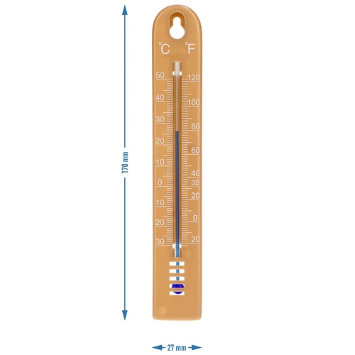 Termometr uniwersalny (-30 do +50°C), 17 cm, jasnobrązowy - 4 ['termometr', ' termometr uniwersalny', ' termometr z tworzywa', ' termometr czytelna skala', ' termometr z podwójną skalą w °C i °F', ' termometr do pomieszczeń o dużej wilgotności', ' termometr zewnętrzny do -30°C', ' termometr odporny na wilgoć', ' termometr w kolorze  brązowym', ' solidny termometr']