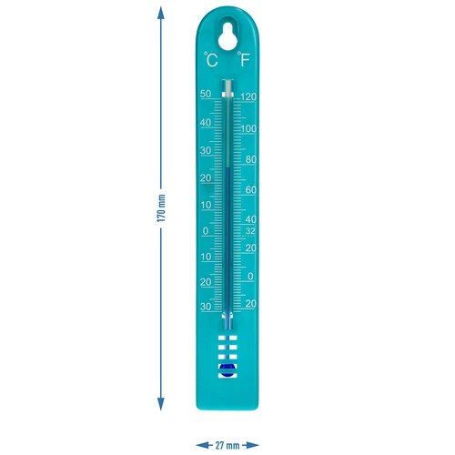 Termometr uniwersalny (-30 do +50°C), 17 cm, niebieski - 4 ['termometr', ' termometr uniwersalny', ' termometr z tworzywa', ' termometr czytelna skala', ' termometr z podwójną skalą w °C i °F', ' termometr do pomieszczeń o dużej wilgotności', ' termometr zewnętrzny do -30°C', ' termometr odporny na wilgoć', ' termometr w kolorze niebieskim', ' solidny termometr']