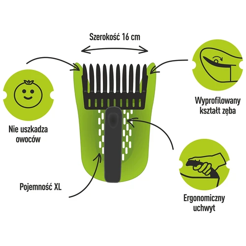Zbieraczka do drobnych owoców, zielona, z tworzywa - 7 ['zbieraczka do drobnych owoców', ' maszynka do zbierania drobnych owoców', ' grzebień do owoców', ' maszynka do zbierania z krzewów', ' zbieraczka do jagód i borówek', ' zbieraczka do porzeczek', ' zbieraczka do aronii', ' zbieranie małych owoców', ' zbieranie borówek i jagód', ' narzędzia do pracy w ogrodzie', ' narzędzia ogrodnicze', ' praktyczne narzędzia do zrywania owoców', ' zrywanie drobnych owoców', ' akcesoria ogrodnicze']